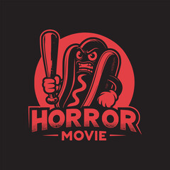 retro horror movie hot dog with angry face hold baseball bat