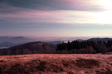 Suggestive view from Mottarone mountain on a winter morning, with three of the seven lakes visible from the summit. Piedmont, Italy.