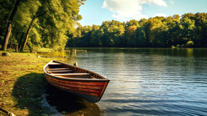 Obraz premium Serene Lakeside Scene with a Rowboat Gently Drifting on the Water