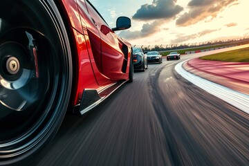 Red Sports Car Speeding Down Race Track - obrazy, fototapety, plakaty