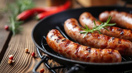 Sausages on the grill pan on the wooden table, realistic, HD, copy space - generative ai