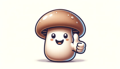 Cute and happy brown edible mushroom showing thumbs up