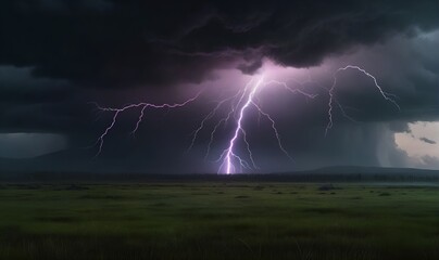 Naklejka na ściany i meble lightning strikes the ground, against a dark cloud and a green lawn.