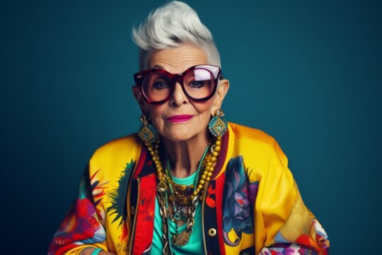 Fashionable senior woman posing at studio. Beauty, fashion.