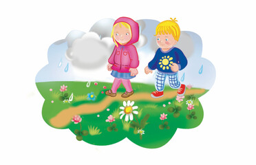 Obraz premium Cartoon childrens in the meadow 