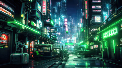 Cyberpunk city with neon lights and light green and black streets