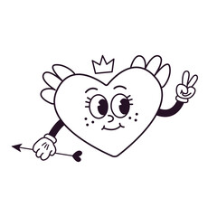 Groovy cute doodle sticker happy fly heart mascot for happy Valentines day with wings, arrow and crown. Vector illustration in trendy retro vintage outline style