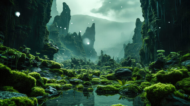 Surreal light green and black alien landscape with exotic plants and animals