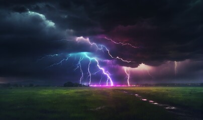 Naklejka na ściany i meble lightning strikes the ground, against a dark cloud and a green lawn.