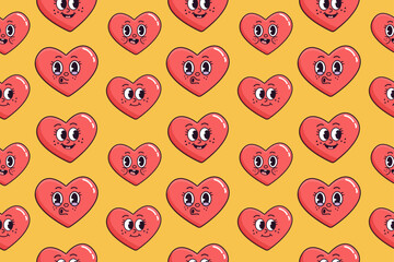 Seamless pattern, wallpaper with happy groovy sticker red hearts on yellow background