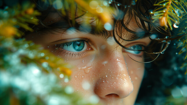 Closeup Of Young Man Peering Through Leaves And Branches On A Wet Morning