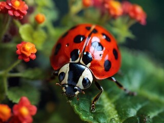 Red ladybug on a flowered plant