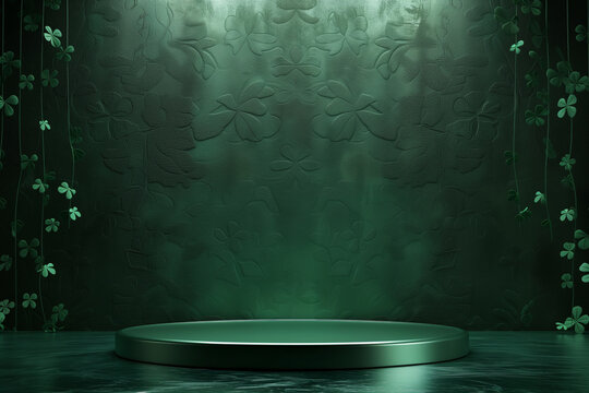 A green cylindrical podium stands in a room adorned with clover patterns, perfect for showcasing Saint's Patrick Day promotions. 3d empty product display podium designed for presentations. 