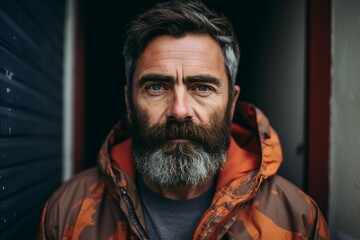 Portrait of a handsome bearded man in an orange jacket. Men's beauty, fashion.