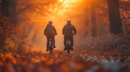 Couple riding bikes in forest in cold autumn time