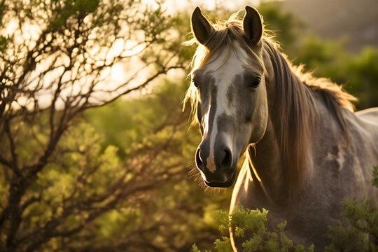 Grulla, grullo or black dun, domestic horse animal in nature photography, sunlight