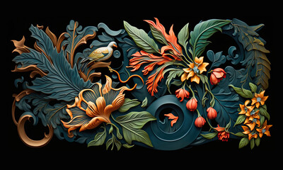 Decorative pattern with tropical leaves and flowers on black background.
