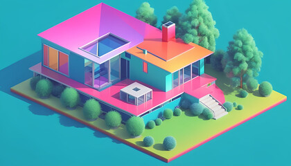Isometric view of a detached single-family house in very colorful color combinations of the eighties