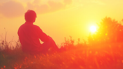 Man sitting in field watching the sun set