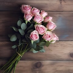 Bouquet of Pink Roses on Wooden Surface
