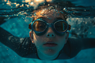Naklejka premium person swimming in a pool with goggles and a cap