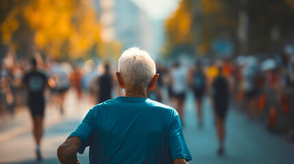 Rearview photography of a senior old man with gray hair wearing a blue t shirt and running a marathon race event. Elderly male person competing in endurance running outdoors, sunny day exercise - obrazy, fototapety, plakaty