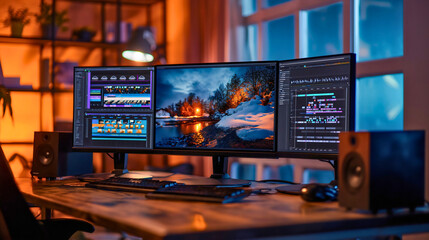 Video editing software or program opened on a wide pc computer monitor screen display placed along the keyboard and speakers on a wooden table or desk in a home room or office interior, evening time