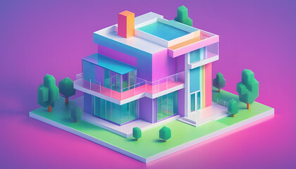Isometric view of a detached single-family house in very colorful color combinations of the eighties