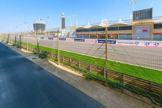 Brandstand view of the VIP tower and Bahrain International Circuit which hosts the annual Bahrain Formula One Grand Prix each year, in Sakhir, Bahrain, on January 5 2024.