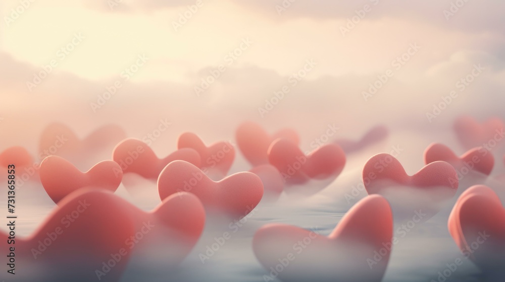 Poster many hearts floating in the water with a sky background. generative ai.