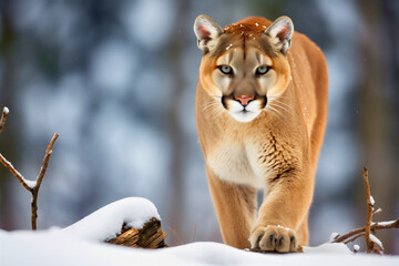  Cougar or mountain lion wild cat animal walking in snowy wilderness, cold weather winter season
