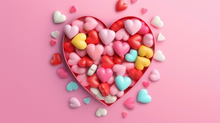Fototapeta na wymiar Valentine's day background with heart shaped candies on pink background 3d rendering. Generative AI.