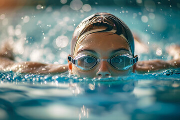 person swimming in a pool with goggles and a cap