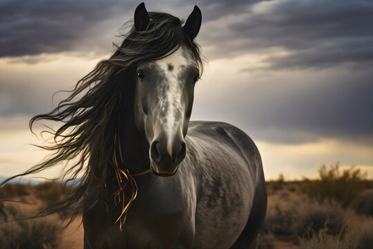Grulla, grullo or black dun, domestic horse animal in nature photography, sunlight