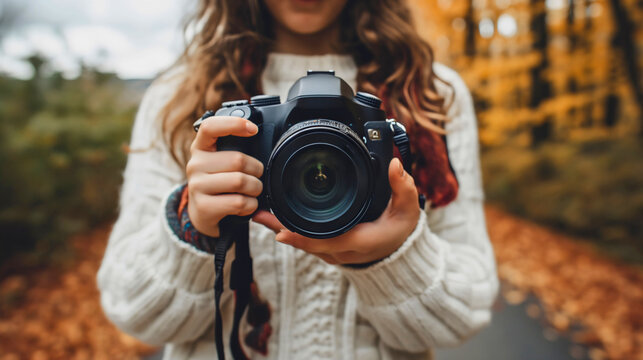 Closeup of a young woman holding a black camera device, taking a photo or a picture of a autumn or fall season forest, orange leaves. Female professional photographer work, nature photoshoot