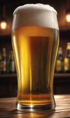 A glass full of cold, fresh beer with foam.