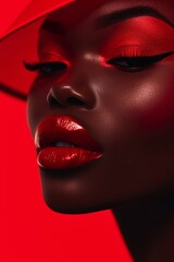 close up portrait of a woman with red make up