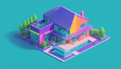 Isometric view of a detached single-family house in very colorful color combinations of the eighties