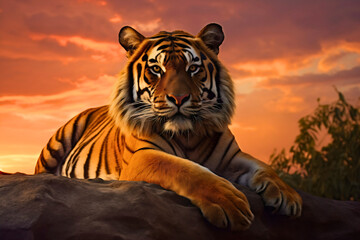 Closeup photography of a wild Bengal tiger staring at the camera, resting on a rock in the wilderness during sunset - obrazy, fototapety, plakaty
