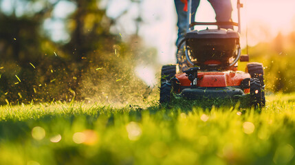 Low angle of a man pruning horticulture or hedge lawnmower machine cutting or trimming grass outdoors in his backyard on a sunny summer or spring day. House maintenance work or hobby, leisure activity - obrazy, fototapety, plakaty