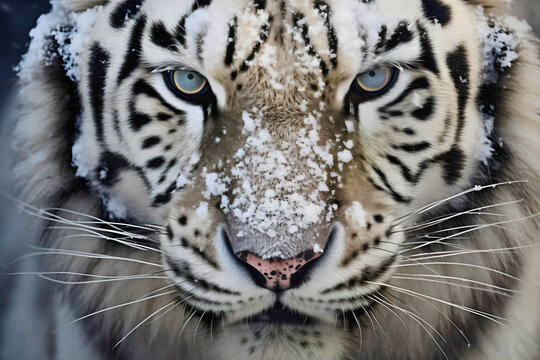 Closeup photography of a striped bengal or siberian white tiger wild cat face or head