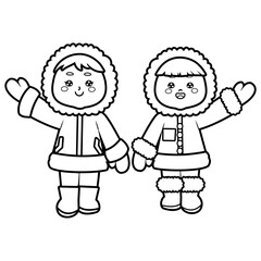 Two cute cartoon Eskimo kids vector in black and white