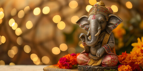 Fototapeta premium Ganesha statue with festive lights and marigold flowers. Indian holiday concept. Image for festive poster, greeting card or invitation template. Banner with copy space. 