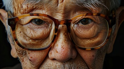 メガネをかけた日本人男性老人の目元のアップ
