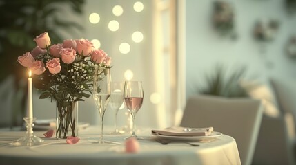 Romantic dinner setting for two, minimal design, pastel hues, candlelight, and roses for Valentine's