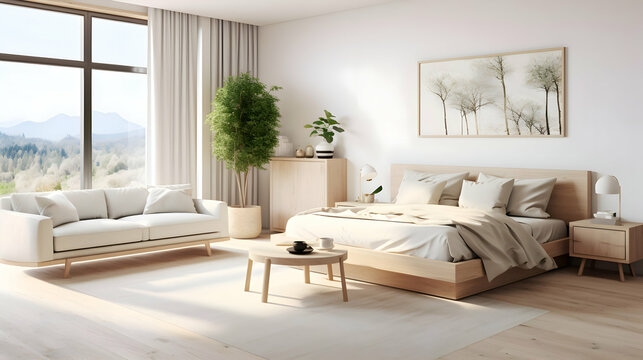 big modern scandi style bedroom with wooden bed and floor, white and beige blanket and pillow, sunlight from window, cream curtain on grey wall with art, plant, for interior design background - Powered by Adobe