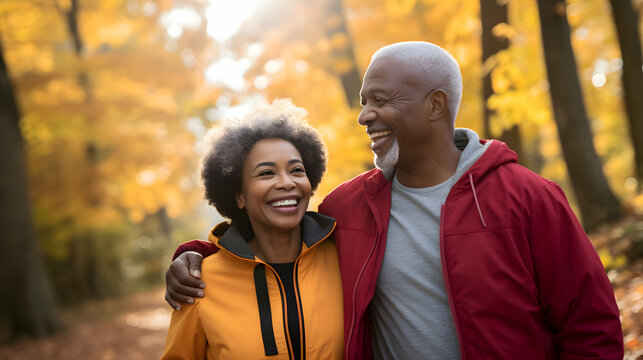 afro american elderly senior couple walking together in autumnal forest. retirement enjoying