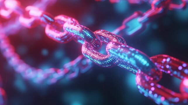 Digital blockchain chains in neon, set within a minimalist cyber setting, depicting connectivity