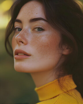 Dreamy portrait of a beautiful young brunette woman with freckles and blue eyes