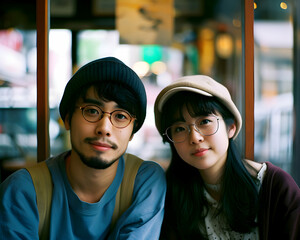 Portrait of a young japanese hipster couple with hats and glasses using public transportation